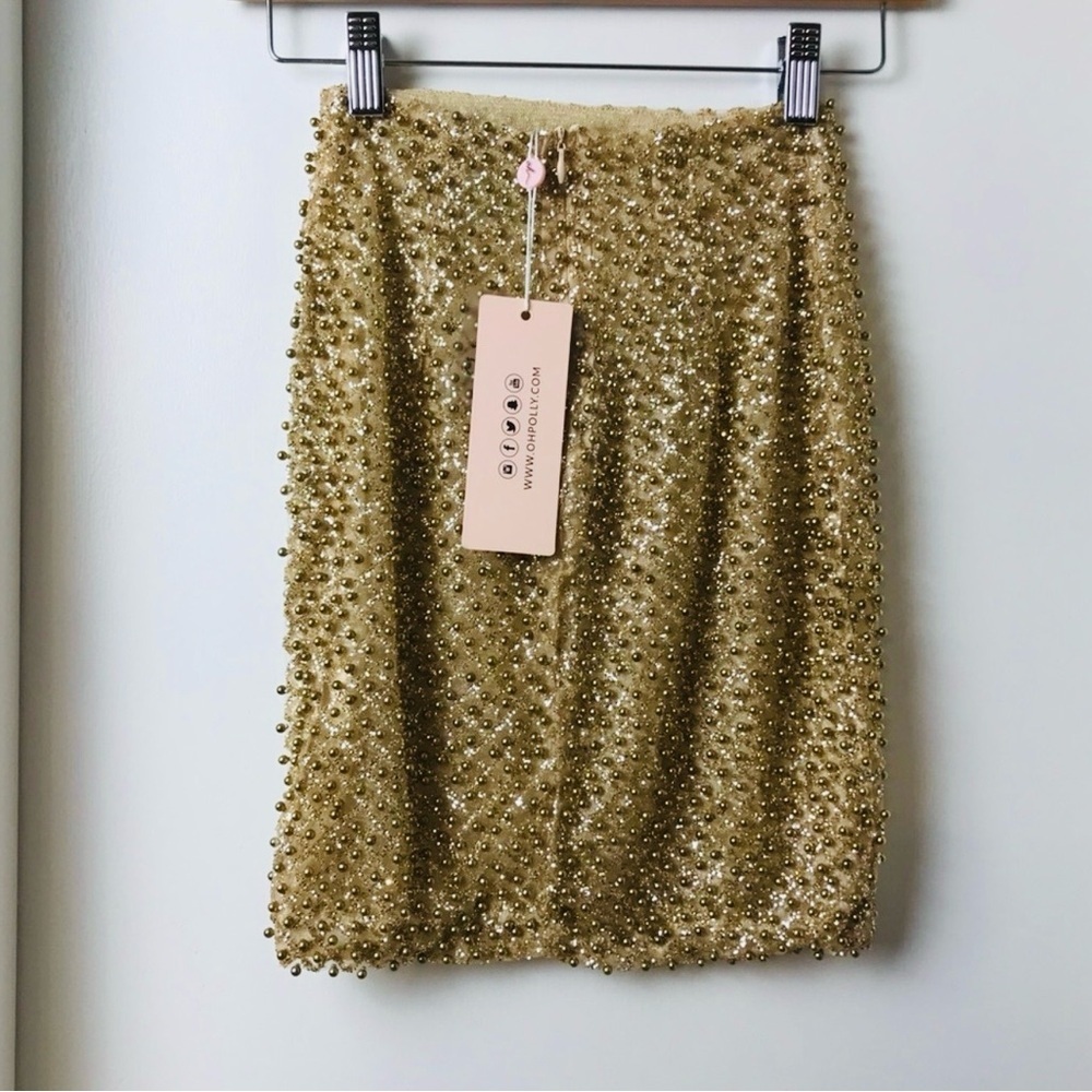 Oh Polly women’s Gold Beaded embellished mini party skirt short Size 0 New